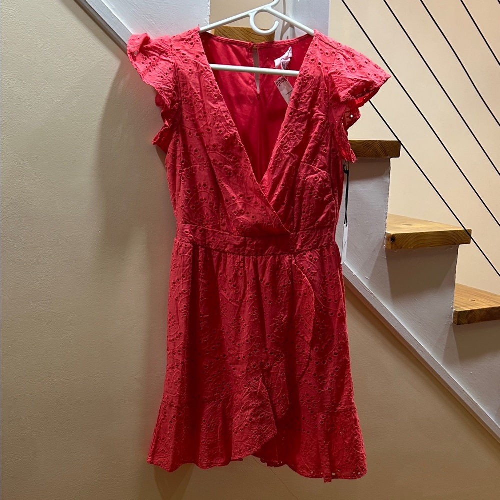 NWT Japna Vibrant Coral Red Lace Eyelet Mini Dress